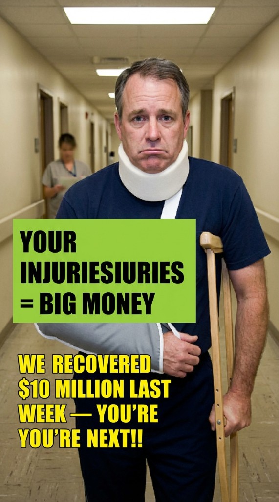 Generic PI law firm ad — neck brace stock photo, green text box.