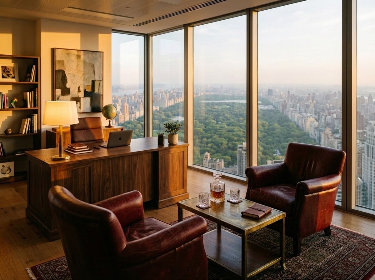 Corner office with two leather chairs facing each other, city skyline at golden hour through floor-to-ceiling windows.