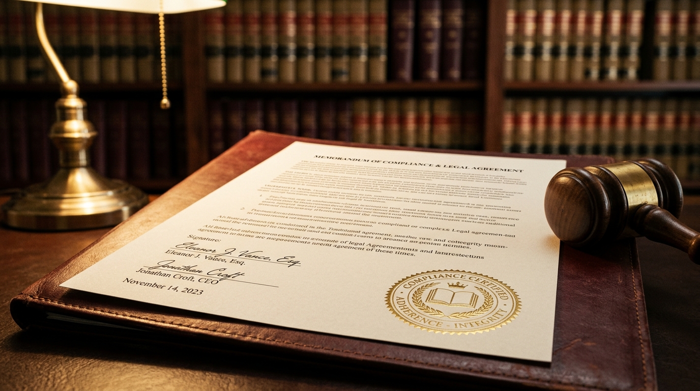 Compliance — legal document with gold seal and gavel in law library