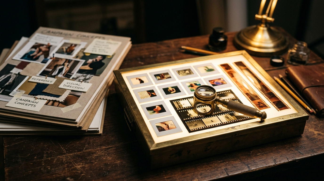 Creative — lightbox with campaign transparencies, mood boards, and brass loupe