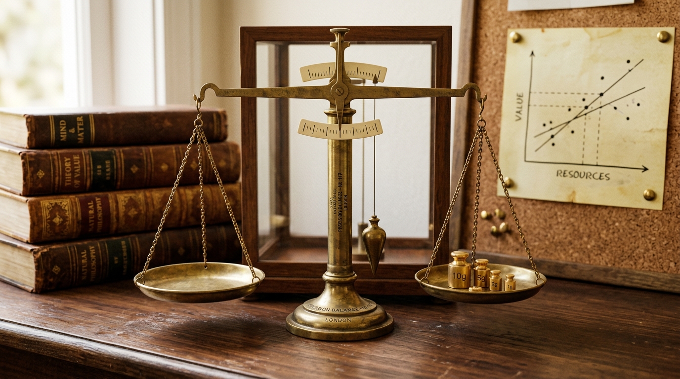 Optimization — brass precision scale with gold weights, leather-bound volumes and performance graph on cork board
