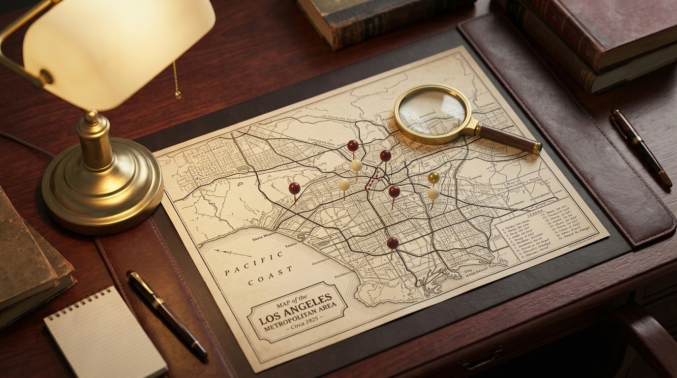 Research — city map with neighborhood pins on a walnut desk