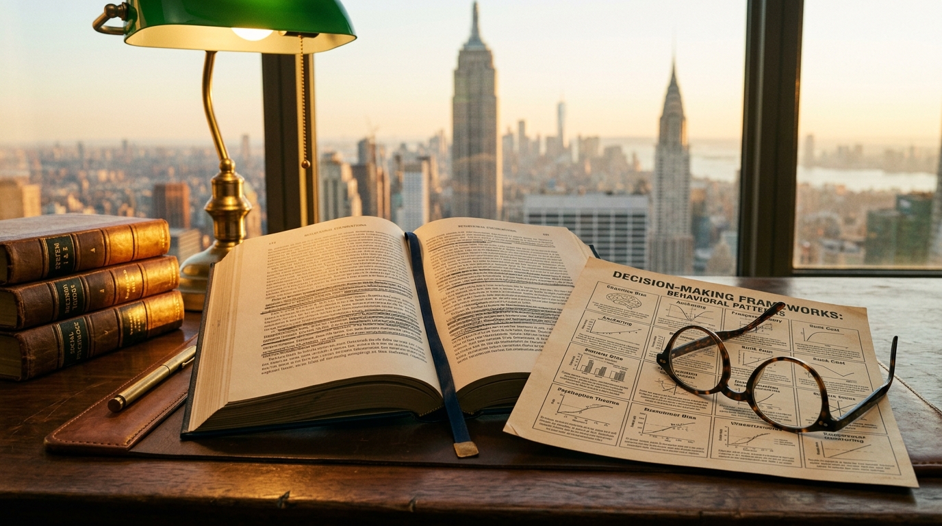 Strategy — behavioral psychology frameworks and open textbook with Manhattan skyline