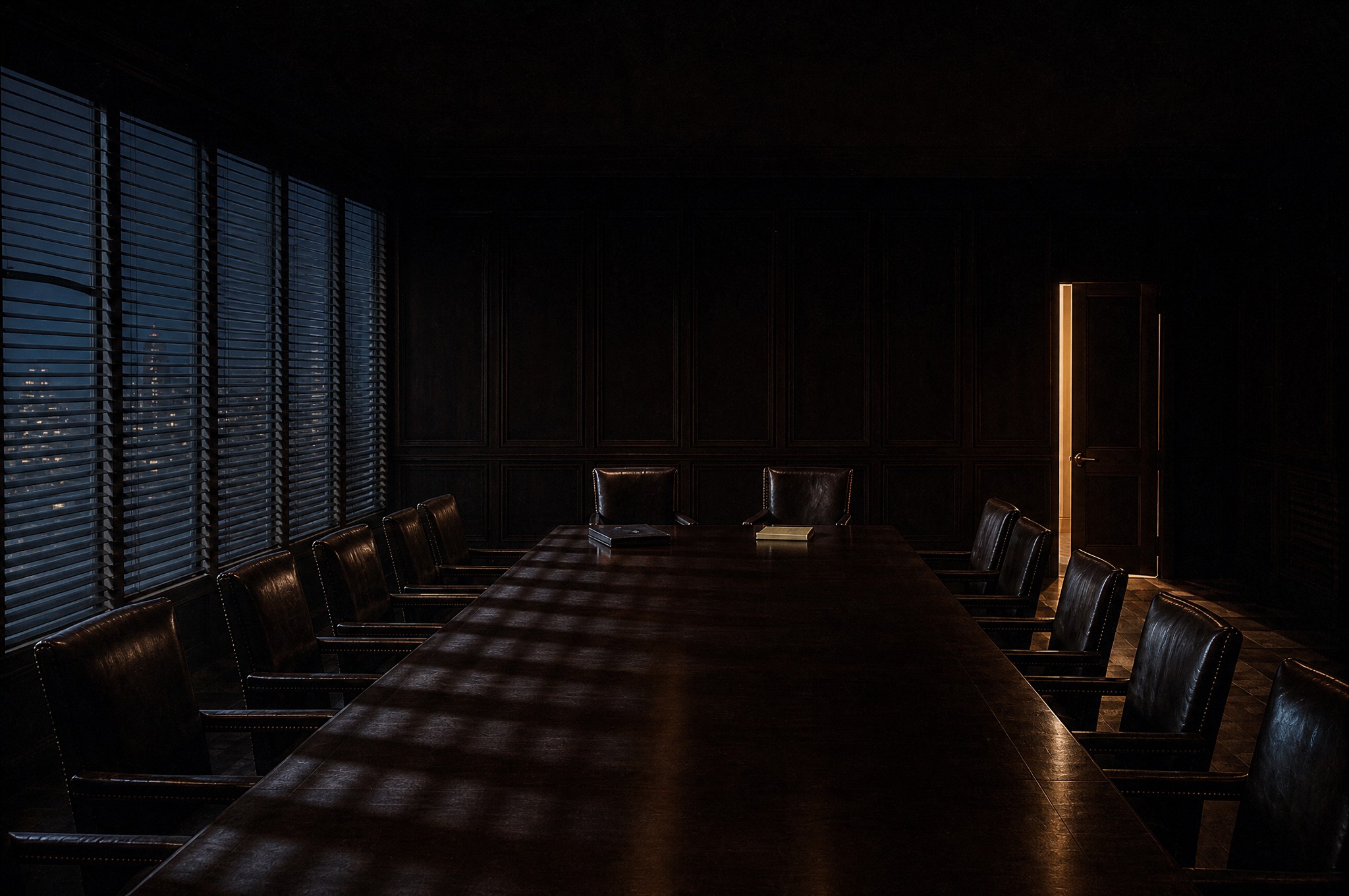 A firm's law library at night: leather reporters lit amber by one lamp, a long reading table with two chairs side by side and an open brief.